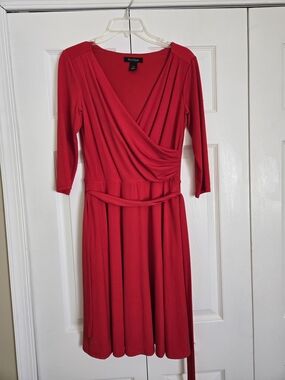 White House Black Market Red Faux-Wrap Long Sleeve Midi Dress